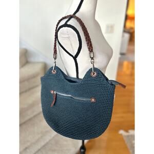 The Sak Navy Blue Crochet Braided Faux Leather Strap Hobo Bag